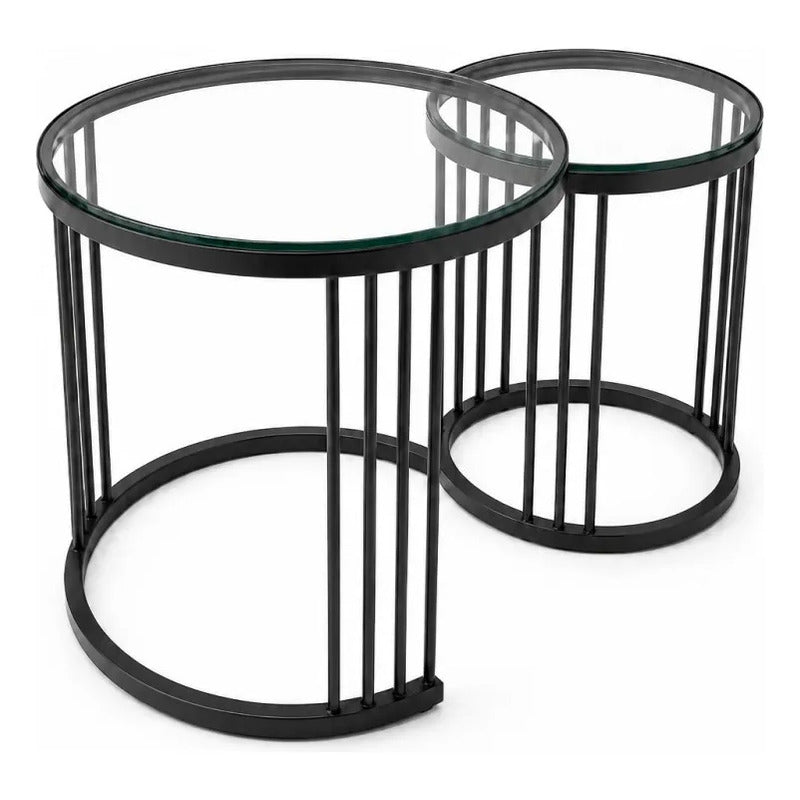 Mesa De Centro Redonda Juego 2 Mesita Centro Cubierta Vidrio Negro