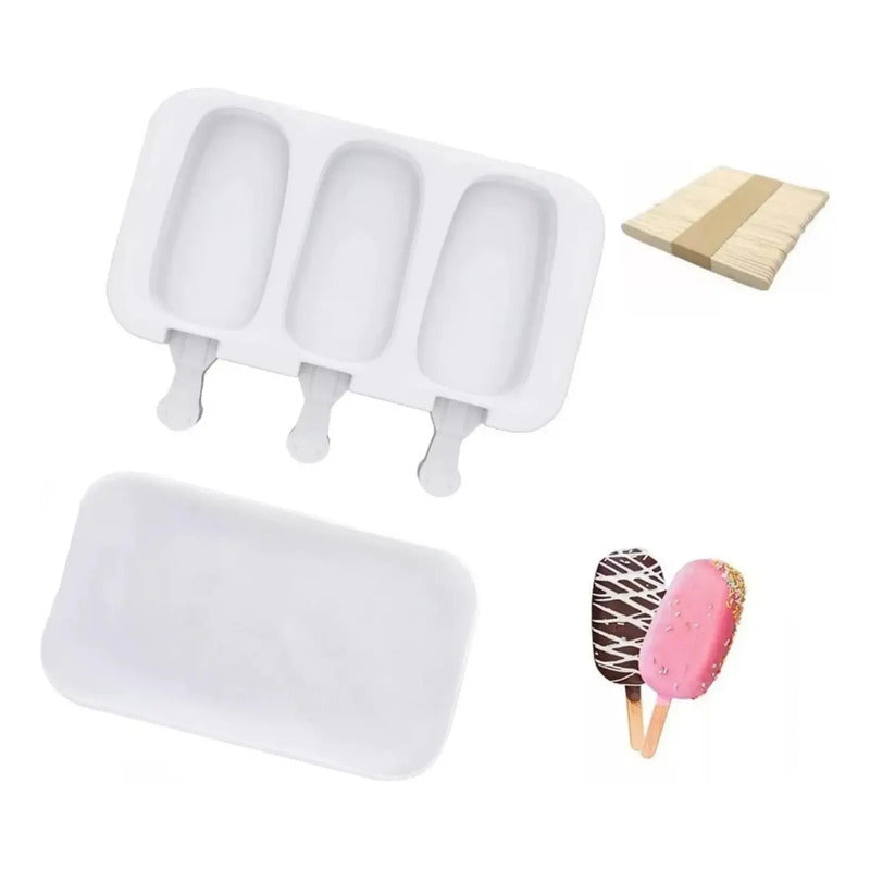 Molde De Helado Silicona Paleta X3 Con Tapa Color