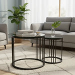Mesa De Centro Redonda Juego 2 Mesita Centro Cubierta Vidrio Negro