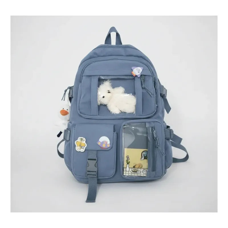 Mochila Escolar Kawaii Estilo Coreano Juvenil Viaje Colegio Azul Acero Liso