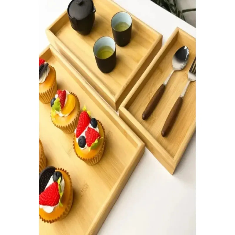 Set 3 Bandejas De Bambu Rectangular Para Servir Alimentos