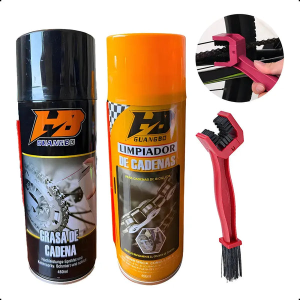 Kit Lubricante Desengrasante Cadena Moto Cepillo Huangbo Anticorrosivo Larga Duracion Limpieza Profunda Cadenas Oring Xring Zring Resistente Agua Uso Profesional Trabajo Pesado Rutas Largas Adherencia