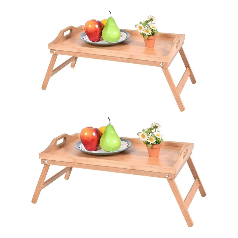 X2 Mesa Bandeja Desayuno Patas Plegables Cama Sofá De Bambú Madera
