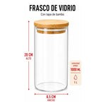 Frasco De Vidrio Condimento Especia Tapa Bambú Pack 3 1000ml Transparente