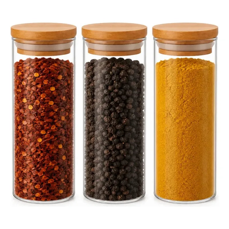 Pack De 3 Frascos De 1000ml Con Tapa De Bambú Para Especias Vidrio