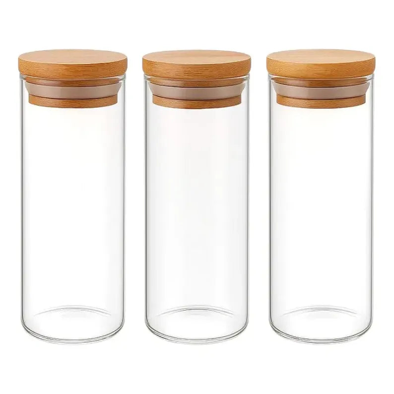 X3 Frascos De Vidrio Para Especias Con Tapa De Bambu 600ml Transparente