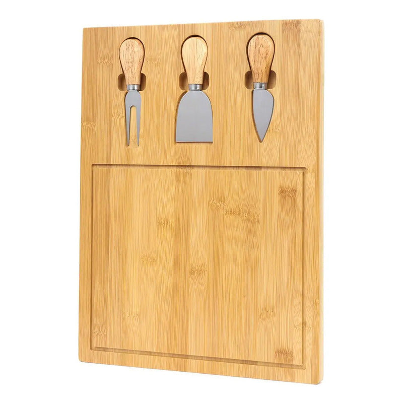 Tabla Para Picar Queso De Madera Bambú + 3 Utensilios Servir Liso Beige