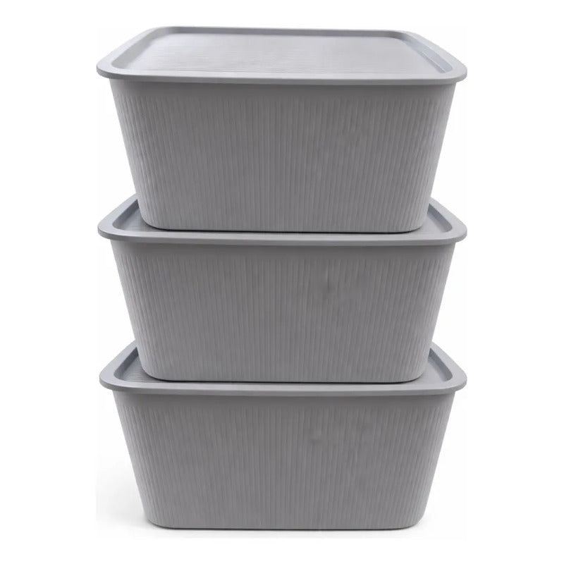 X3 Caja Cesta Organizadora Plastica Con Tapa Apilable 24ltrs
