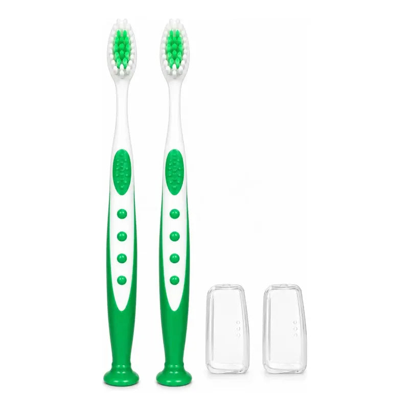 X2cepillo De Diente Higiene Dental Mango Ergonómico Con Tapa Verde