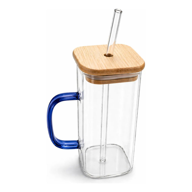 Vaso De Vidrio Con Tapa Bambú Y Sorbete Reutilizable 300 mL
