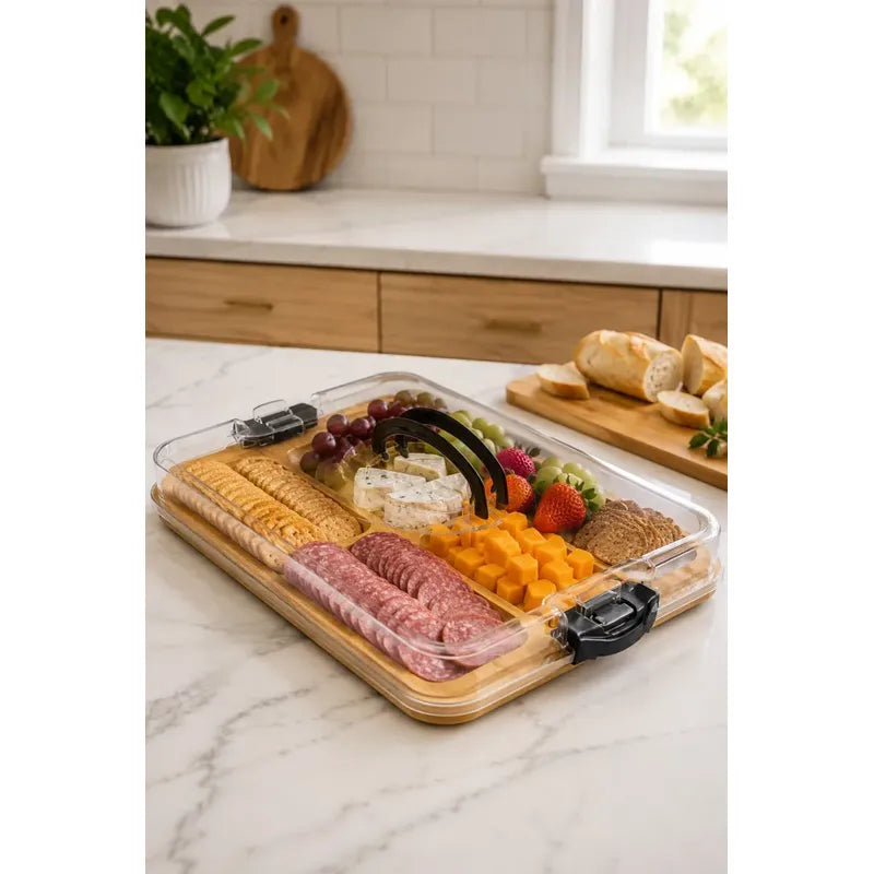 Bandeja De Bambú Para Snacks Picoteo Tapa Y Asa Superior Bambú