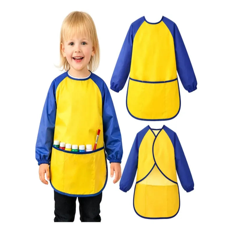 Mandil Bata Arte Infantil Mangas Largas Pintura Impermeable Azul/amarillo Liso