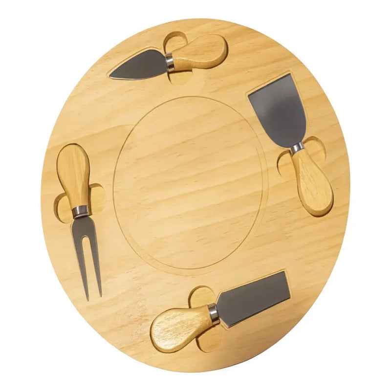 Tabla Picoteo Madera Coctel + Utensilio De Cortar Queso 35cm Redondo Beige
