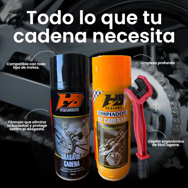 Kit Lubricante Desengrasante Cadena Moto Cepillo Huangbo Anticorrosivo Larga Duracion Limpieza Profunda Cadenas Oring Xring Zring Resistente Agua Uso Profesional Trabajo Pesado Rutas Largas Adherencia