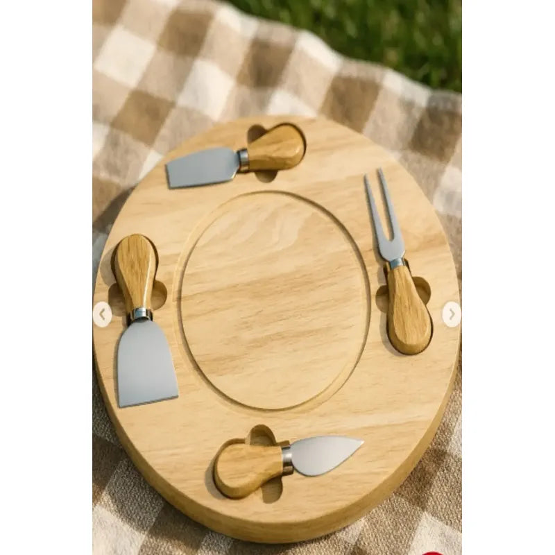 Tabla Picoteo Madera Coctel + Utensilio De Cortar Queso 35cm Redondo Beige