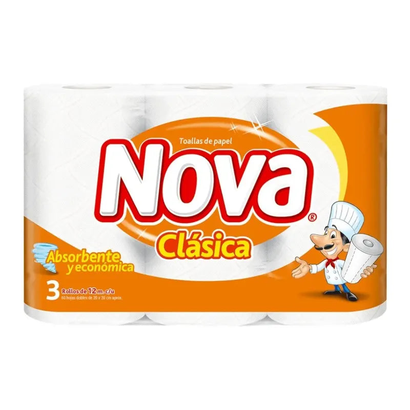 Toalla De Papel Nova Clásica 3 Rollos 12 Mt Adsorbente