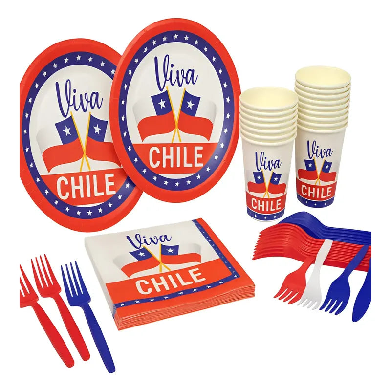 Set De Vajilla Desechable Para Celebrar Tus Fiestas Patrias Rojo, Blanco Y Azul Viva Chile / Bandera