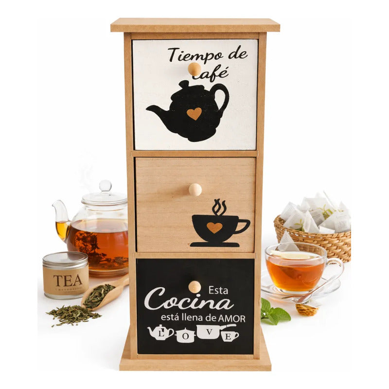 Caja De Madera Para Té Y Café Organizador 3 Cajones Hogar Marrón