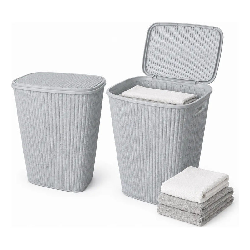 X2 Canasto De Plastico Para Ropa Sucia Con Tapa Calado Cesto Gris Claro Calado