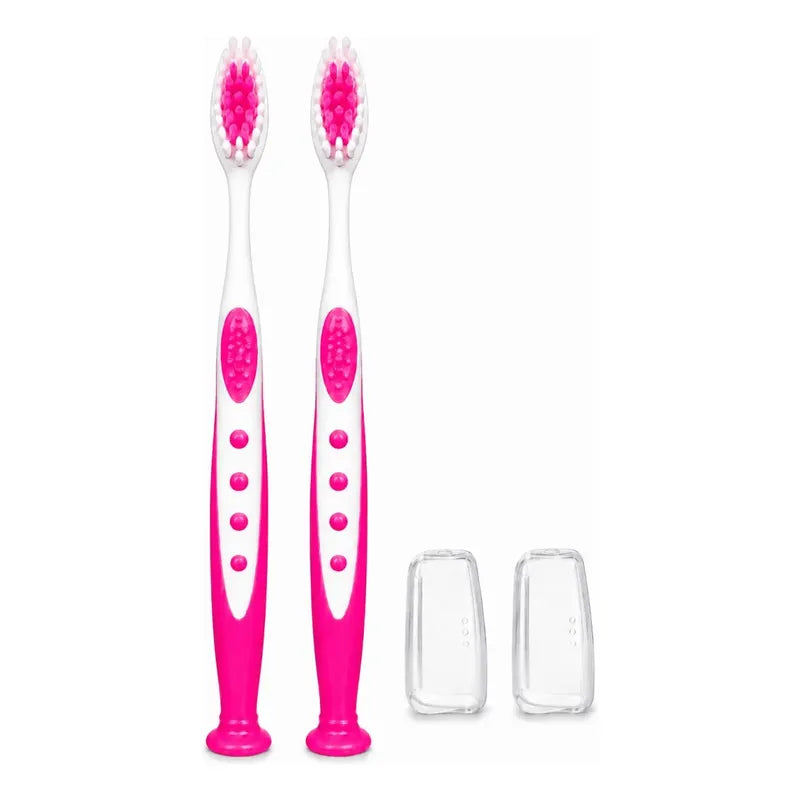 X2cepillo De Diente Higiene Dental Mango Ergonómico Con Tapa Fucsia