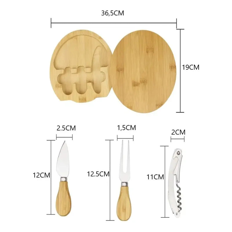 Tabla Redonda Cortador De Queso Madera + 3 Espátulas 19cm Madera