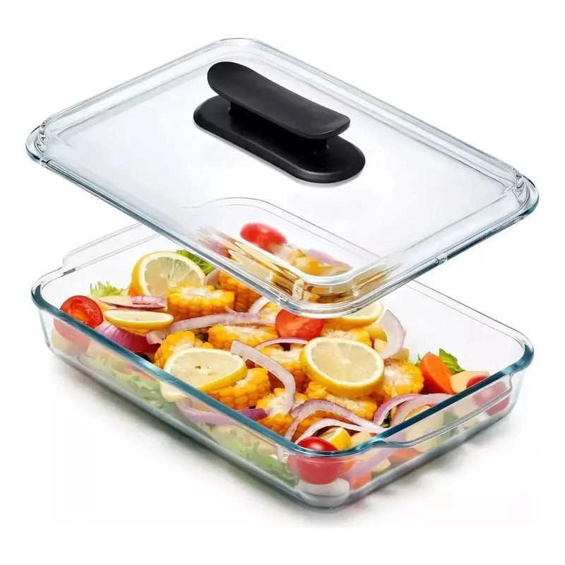 X2 Fuente Vidrio Para Hornear 3 Litros Con Tapa Rectangular Transparente