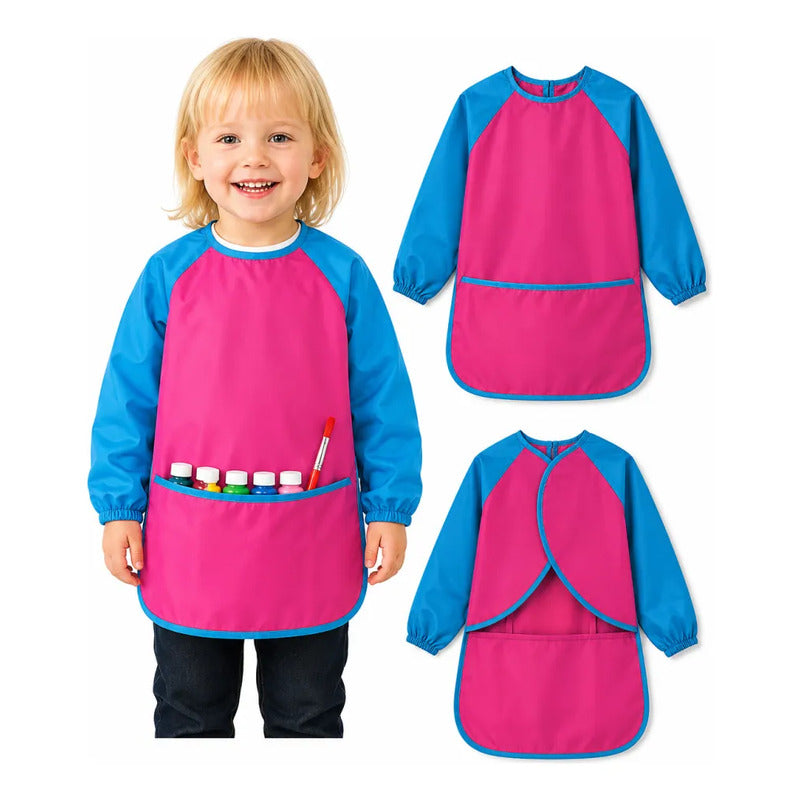 Mandil Bata Arte Infantil Mangas Largas Pintura Impermeable Celeste/fucsia Liso