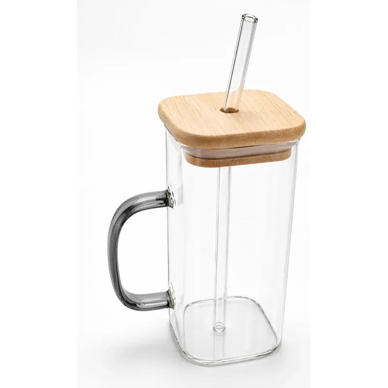 Vaso De Vidrio Con Tapa Bambú Y Sorbete Reutilizable 300 mL