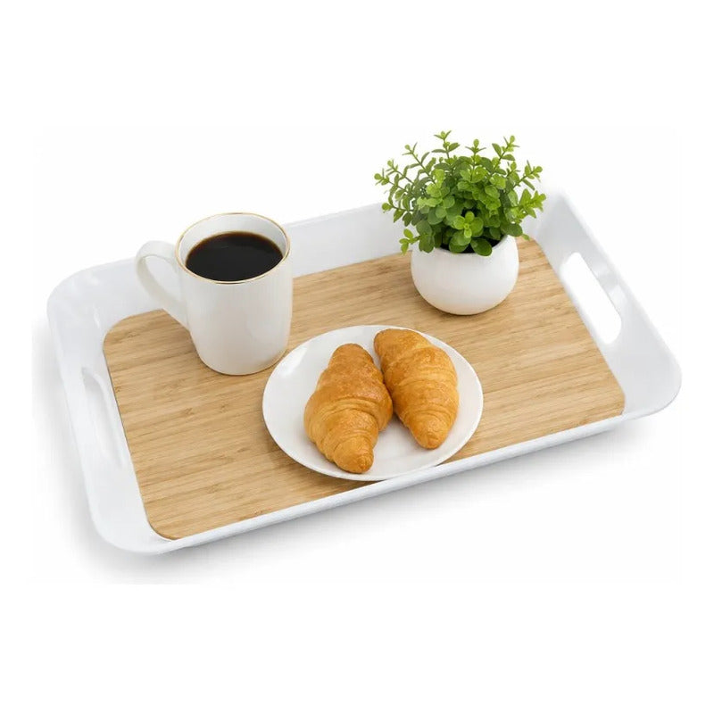 Bandeja De Melamina De Servir Bandeja Rectangular Con Asa Bambú Natural
