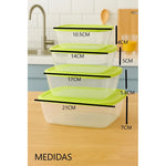 Set 4 Tupper Hermetico De Plastico Para Comida Cuadrados Verde Lima
