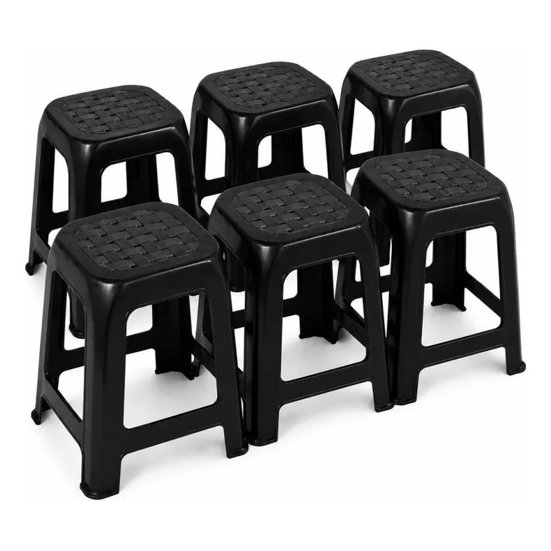 Piso De Plastico X6 Taburete Cuadrado Apilable Asiento 45cm Mate Texturizado Negro