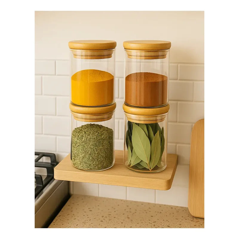 X3 Frascos De Vidrio Para Especias Con Tapa De Bambu 600ml Transparente