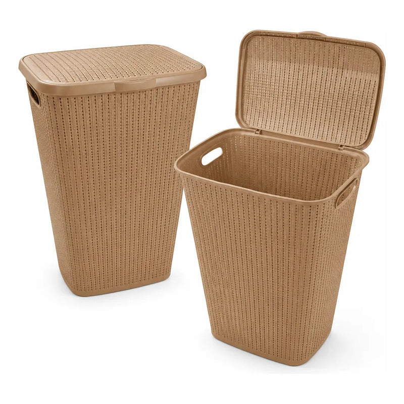 X2 Canasto De Plastico Para Ropa Sucia Con Tapa Calado Cesto Taupe Calado