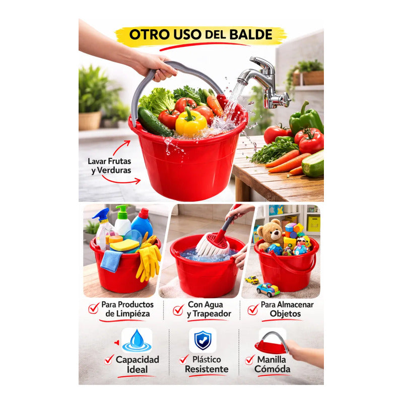Balde Plastico Con Manilla Resistente Y Practico 10 Litros Rojo