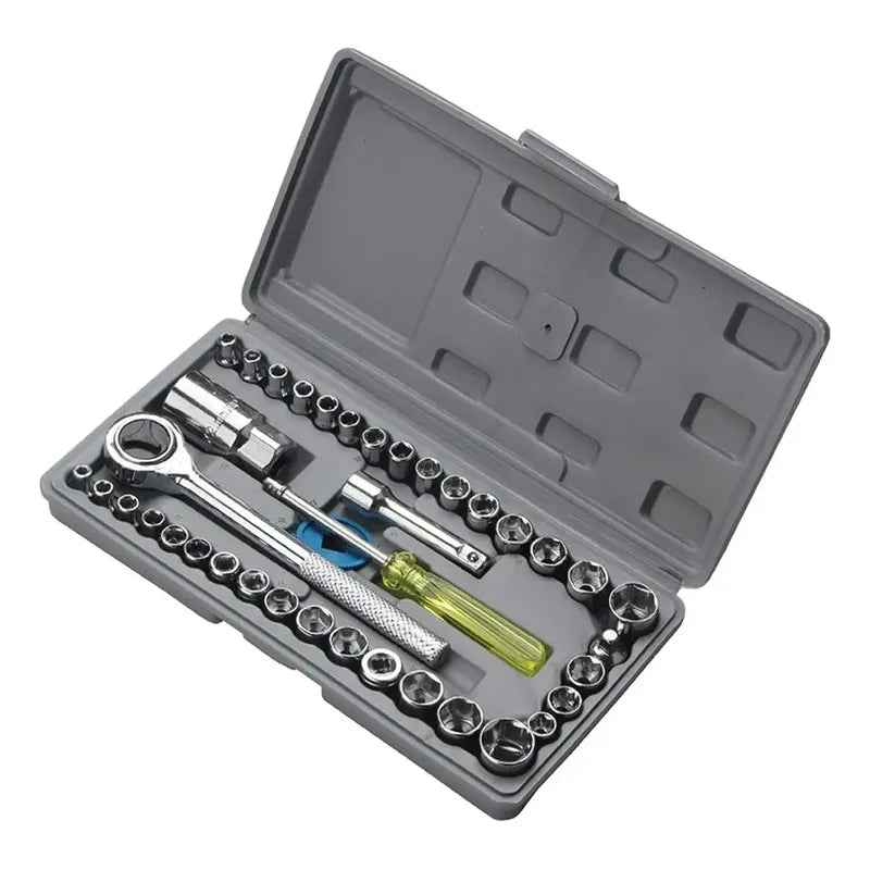Juego Caja Set Dados Chicharra Herramientas 40 Piezas Auto Plateado / Gris