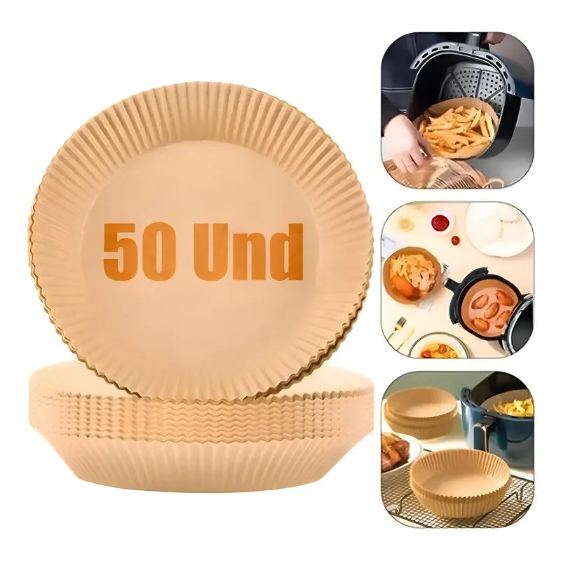 50 Platos Papel Airfryer Antiadherente 20cm Desechables Marrón Claro