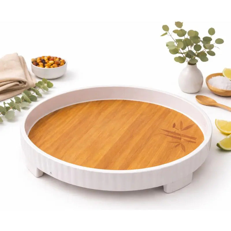 Bandeja Redonda De Servir Melamina Grano Madera 34cm Con