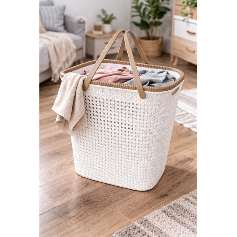Canasto De Plastico Rattan Para Ropa Sucia Multiuso Con Asas Crema Rattan-sin Tapa