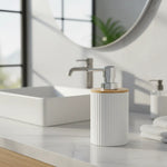 Dispensador De Jabon Bambu Con Dosificador Cromado Baño
