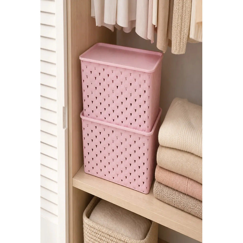 X2 Caja Plastica Organizadora Con Tapa Cesto Decobox 20 Ltrs Rosa Claro Cesto Decobox