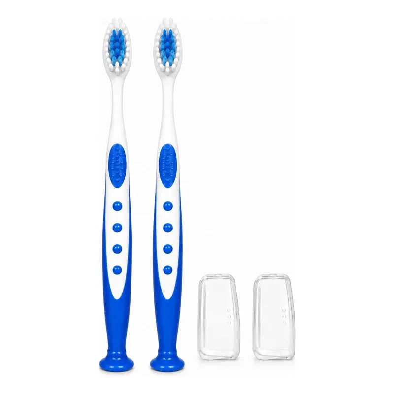 X2cepillo De Diente Higiene Dental Mango Ergonómico Con Tapa Azul