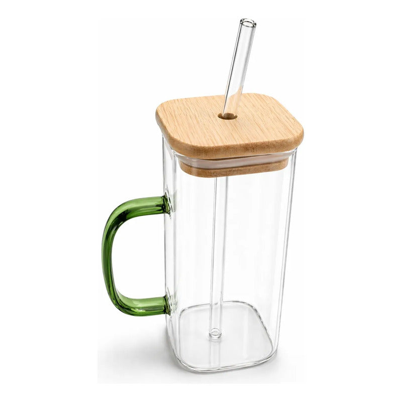 Vaso De Vidrio Con Tapa Bambú Y Sorbete Reutilizable 300 mL