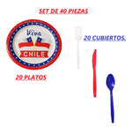 Set De Vajilla Desechable Para Celebrar Tus Fiestas Patrias Rojo, Blanco Y Azul Viva Chile / Bandera