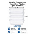 Pack 4 Contenedor Hermetico Plastico De Alimentos 3,5 Litros Transparente