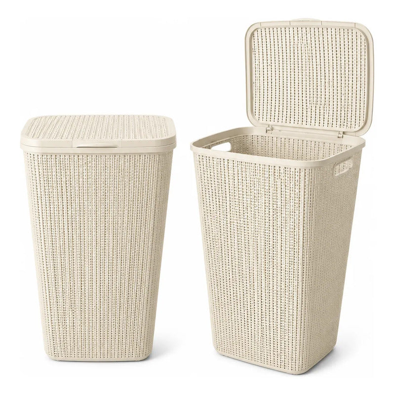 X2 Canasto De Plastico Para Ropa Sucia Con Tapa Calado Cesto Beige Con Tapa
