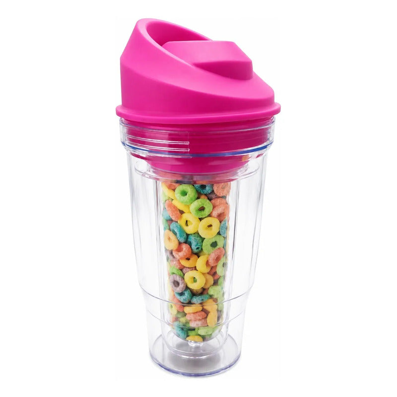Vaso Portátil Para Cereal Y Leche Con Doble Compartimento Fucsia