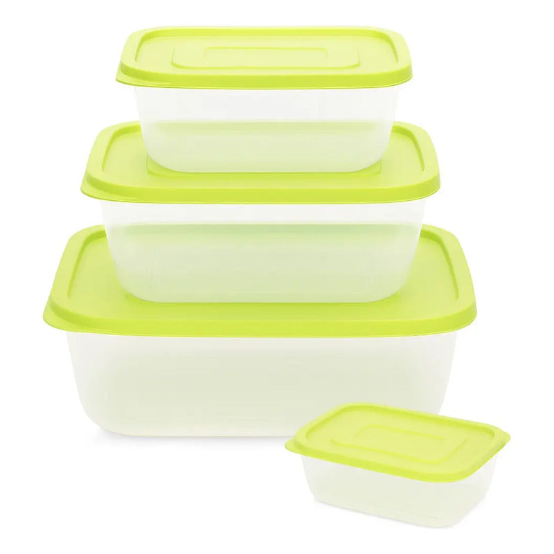 Set 4 Tupper Hermetico De Plastico Para Comida Cuadrados Verde Lima