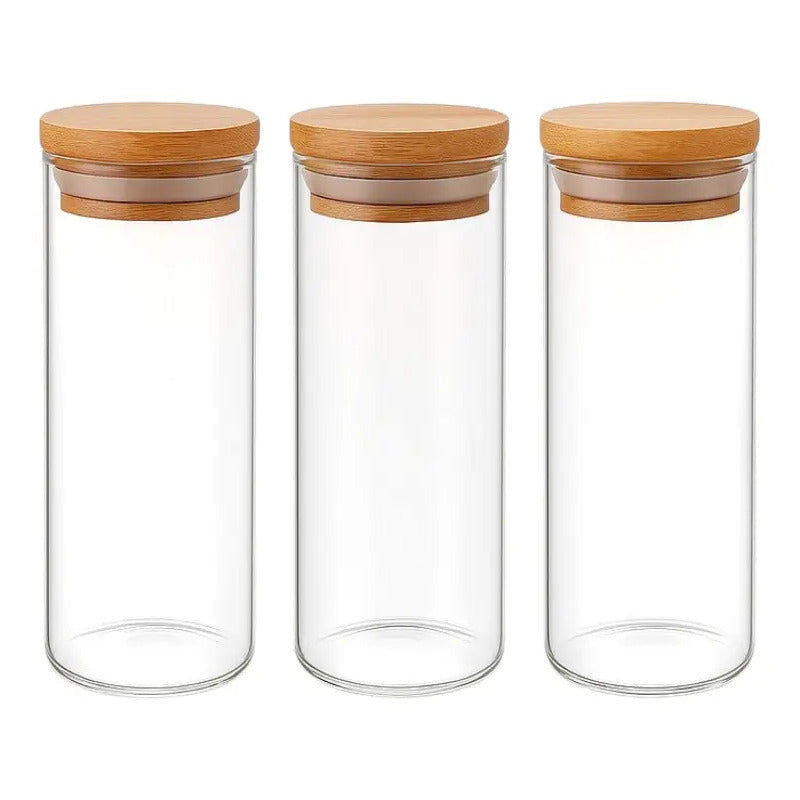 Pack De 3 Frascos De 500ml Con Tapa De Bambú Para Especias Transparente