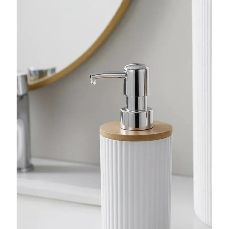 Dispensador De Jabon Bambu Con Dosificador Cromado Baño
