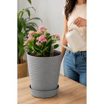 Macetero Grande Texturizado Con Plato Decorativo Para Hogar Biege Oscuro Texturizado
